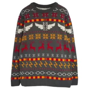 image of Harry Potter Girls Icons Fair Isle Knitted Christmas Jumper (5-6 Years) (Grey/Red/Yellow)