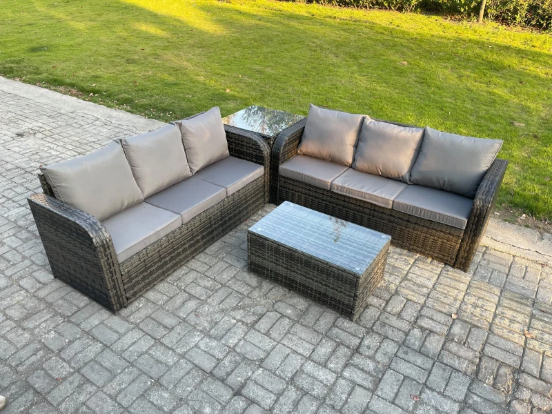 Image of Fimous Outdoor Garden Furniture Sets 6 Seater Wicker Rattan Furniture Sofa Sets with Rectangular Coffee Table 3 Seater Sofa Side Table Dark Grey