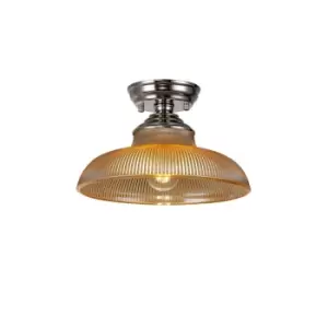 image of Dresden Flush Ceiling Lamp E27 With Round 30cm Glass Shade Polished Nickel, Amber