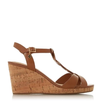 image of Dune Tan Leather Koala' Mid Wedge Heel T-Bar Sandals - 3