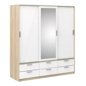 image of Wardrobe 3 Doors 6 Drawers In Oak Effect With White High Gloss