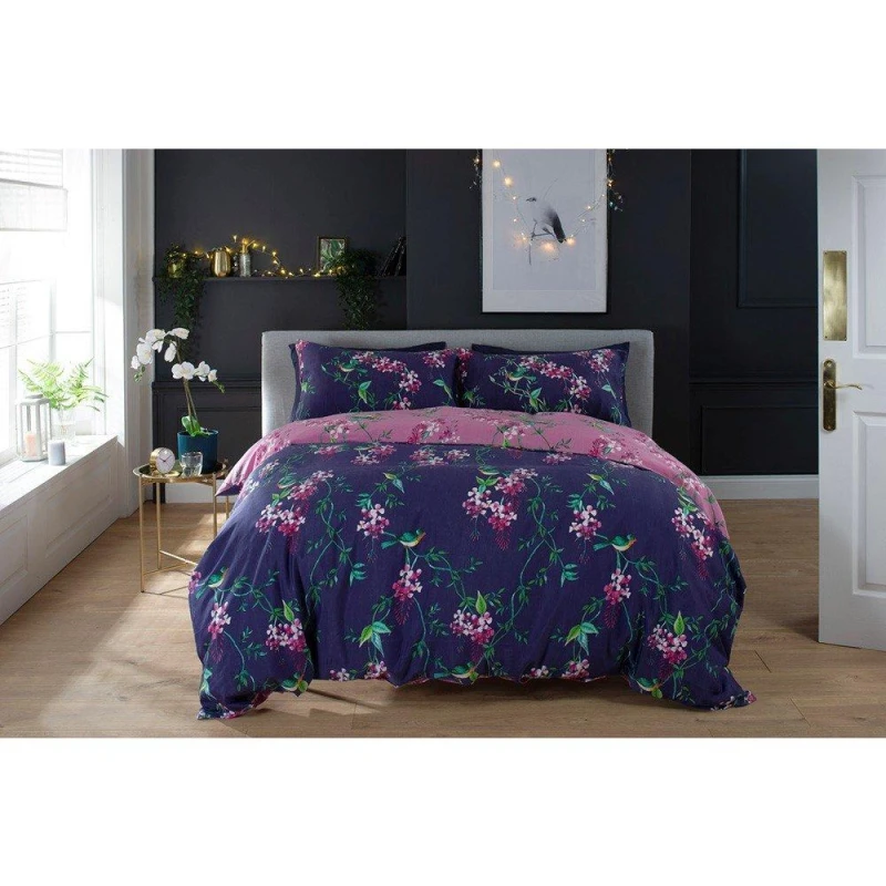 Image of Deyongs Bird Garden Plum 200 Thread Count Cotton Rich Reversible Duvet Cover Set Plum