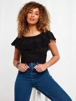 Image of Joe Browns Broderie Frill Bardot T-Shirt - Black, Size 12, Women