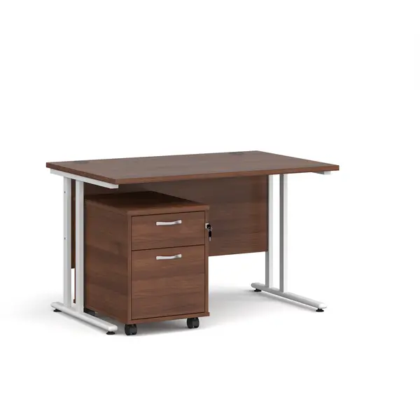 Maestro 25 Straight Desk with White Cantilever Frame and 2 Drawer Pedestal - Walnut - 1200mm x 800mm