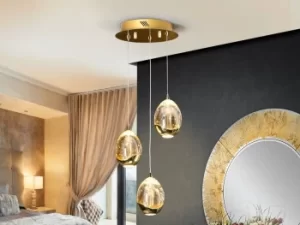 image of Roc Integrated LED 3 Light Crystal Cluster Drop Ceiling Pendant Gold Bubble Effect