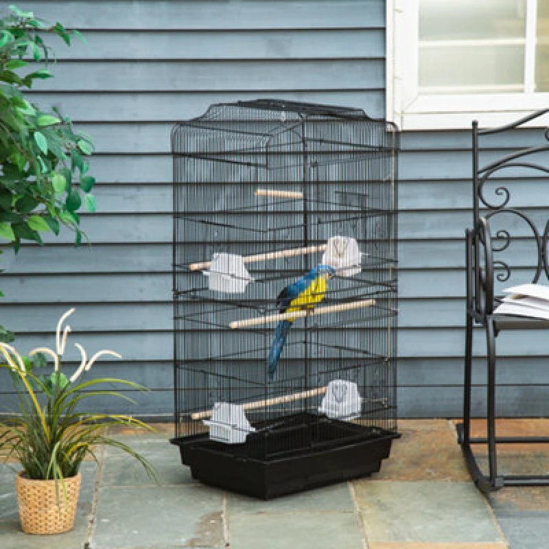 Image of PawHut 92cm Large Bird Cage with Stand, Perches, Food Bowls, Swing, Black D10-018V01BK