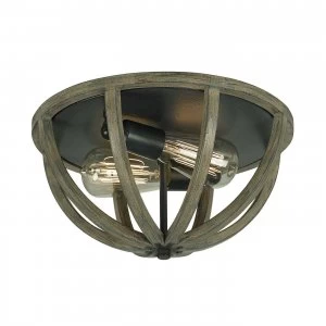 Image of 2 Light Ceiling Flush Light Dark Wood, Antique Iron, E27