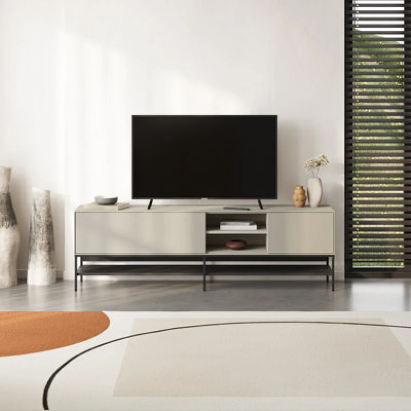 Image of Decortie Amira 180Cm Modern TV Stand, Entertainment Centre With Metal Legs & Push-To-Open Doors Sandstone-Black Wood
