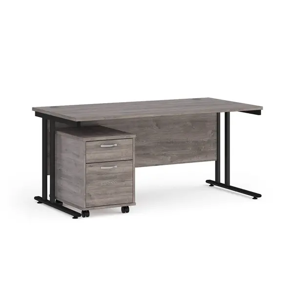 image of Maestro 25 Straight Desk with Black Cantilever Frame and 2 Drawer Pedestal - Grey Oak - 1600mm x 800mm