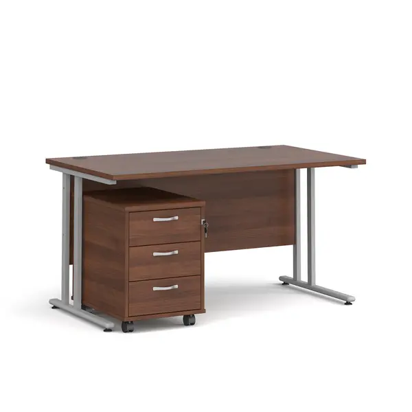 image of Maestro 25 Straight Desk Silver Frame Walnut Table Top and 3 Drawer Pedestal - 1400mm