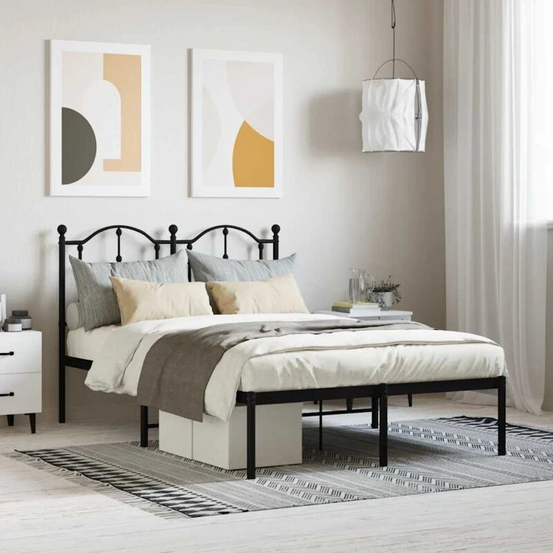 Image of Vidaxl Metal Bed Frame Without Mattress With Headboard Black 120X190 Cm Small Double, Black 353436