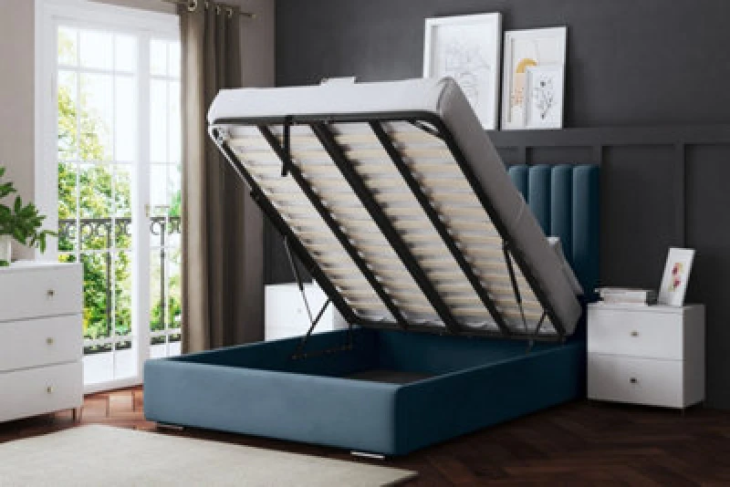 Image of DS LIVING Evangeline Blue Upholstered Panel Bed With Ottoman Metal Gas Lift Single AM_TUBESOB_SIN_BLU