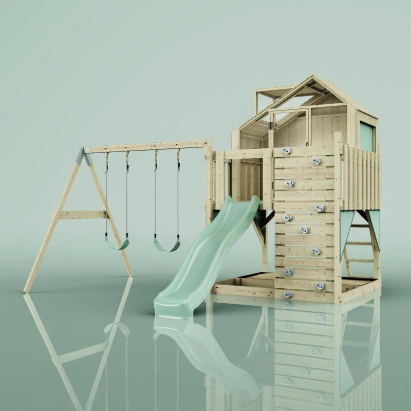 Image of OutdoorToys PolarPlay Kids Climbing Tower & Playhouse - Swing Haldor Sage in Beige Beige Unisex