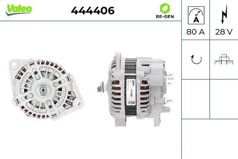 Image of VALEO 444406 Generator VALEO RE-GEN REMANUFACTURED Alternator Charging Current: 80A, Voltage: 28V Alternator (4)