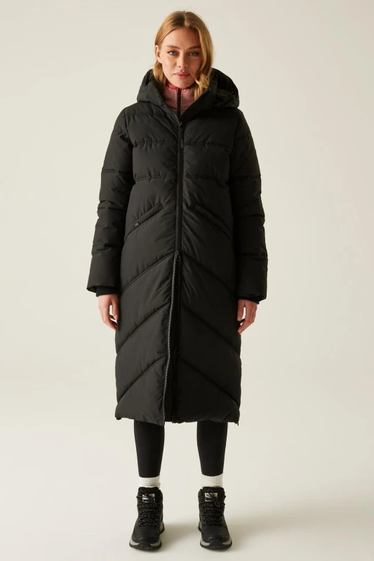 Image of Regatta Womens Ujeane Longline Hooded Water-Repellent Padded Jacket in Jet Black Size: 18 Jet Black Female 18