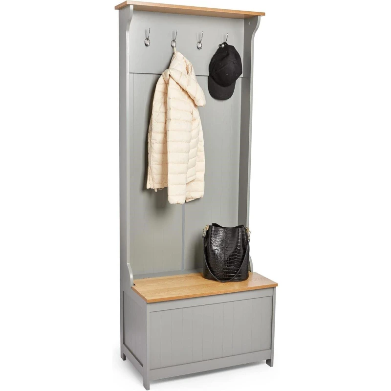 Image of VonHaus Hallway Storage Coat Rack Stand and Shoe Storage Bench Grey