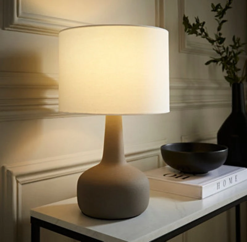Image of ValueLights ValueLights Hayley Natural Linen Drum Shade Squat Base Ceramic Stonewear Table Lamp and Bulb in Grey Grey One Size Unisex 5059406066023