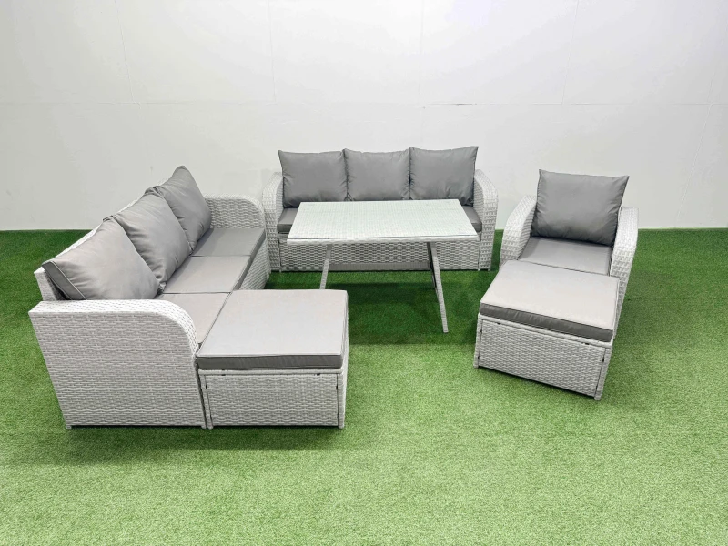 Image of Fimous 6 Pieces Outdoor PE Rattan Garden Furniture with Big Stools Light Grey Light Grey Unisex