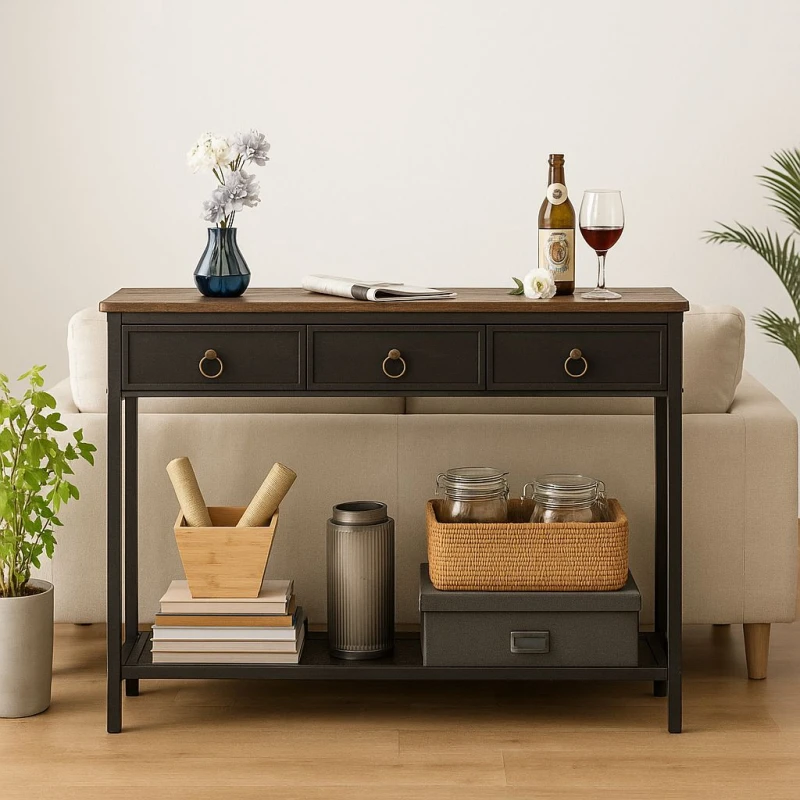 Image of Storvo Slim Console Table with 3 Non-woven Drawers in Brown Brown Unisex