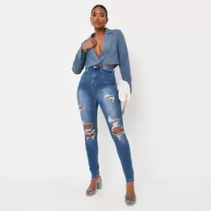 Missguided Knee Distress Highwaisted Jean - Blue