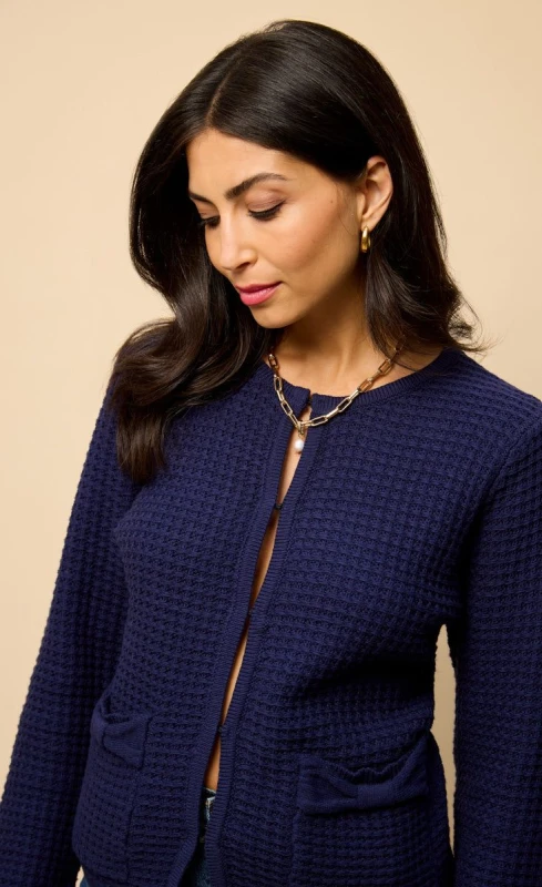 Image of Little Mistress Womens Navy Knitted Bow Pocket Detail Cardigan Size: Small Navy Female S