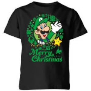 Image of Nintendo Super Mario Luigi White Wreath Merry Christmas Kid's T-Shirt - Black - 11-12 Years