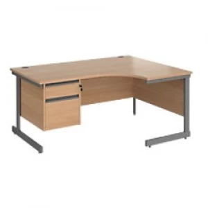 Right Hand Ergonomic Desk with 2 Lockable Drawers Pedestal and Beech Coloured MFC Top with Graphite Frame Cantilever Legs Contract 25 1600 x 1200 x 72