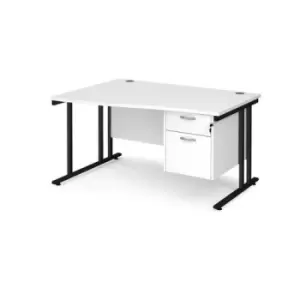 image of Office Desk Left Hand Wave Desk 1400mm With Pedestal White Top With Black Frame Maestro 25 MC14WLP2KWH