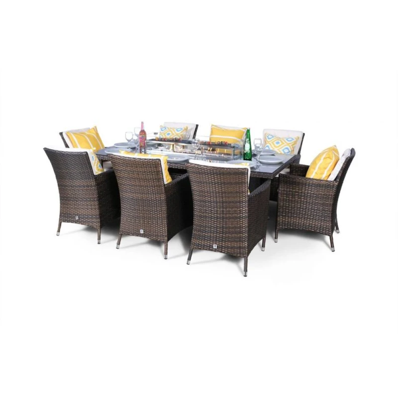 Image of Thats Furniture Savannah Fire Pit 8 Seater Rectangle Rattan Dining Set in Brown Brown Unisex