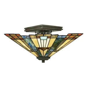 Image of 2 Light Tiffany Semi Flush Ceiling Light Bronze, E27