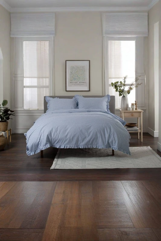 Image of Deyongs TLC Gingham Frilled Cotton Duvet Set Printed with Frill Detailing in Blue Size: Double Blue Unisex Double