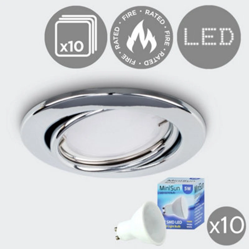 Image of Valuelights Pack Of 10 Fire Rated Chrome Tiltable Gu10 Recessed Ceiling Downlights - Complete With 5W LED Bulbs 3000K Warm White