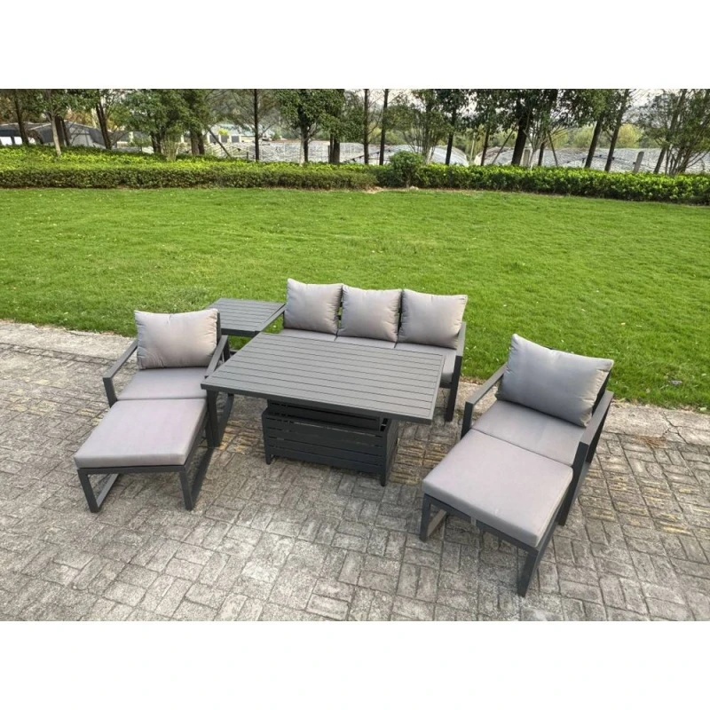 Image of Fimous Aluminum 7 Piece Sofa Set with Lifting Table, 2 Chairs, 2 Big Stools in Dark Grey Dark Grey Unisex