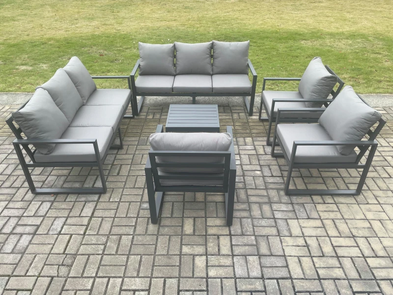Image of Fimous Aluminium Outdoor Garden Furniture Set Patio Lounge Sofa with Square Coffee Table 3 Armchairs Dark Grey Dark Grey Unisex