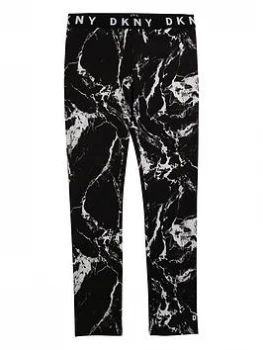 image of DKNY Girls Marble Print Logo Waistband Leggings - Black, Size Age: 10 Years, Women