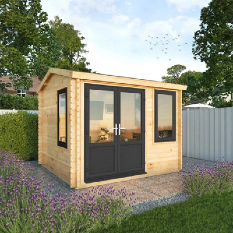 Image of Waltons 3M X 3M Home Office Wooden Log Cabin 44mm Upvc Windows And Doors - Grey