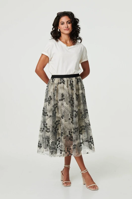 Image of Izabel London Womens Printed A-Line Midi Skirt in Beige Size: Small Beige Female S