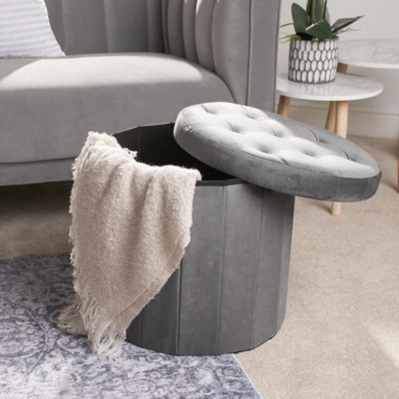 Image of OHS OHS Folding Ottoman Storage Box Footstool Tub Space Saving Velvet Seat in Charcoal Charcoal One Size Unisex 5027434165988