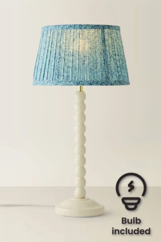Image of ValueLights Bobbin Leaf Printed Pleated Shade Cream Bobble Table Lamp with Bulb in Mid Blue Mid Blue Unisex
