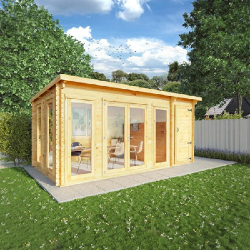 Image of Waltons 5.1M X 3M Wooden 28mm Log Cabin With Side Shed Pent Summerhouse Garden Room 17ft X 10ft