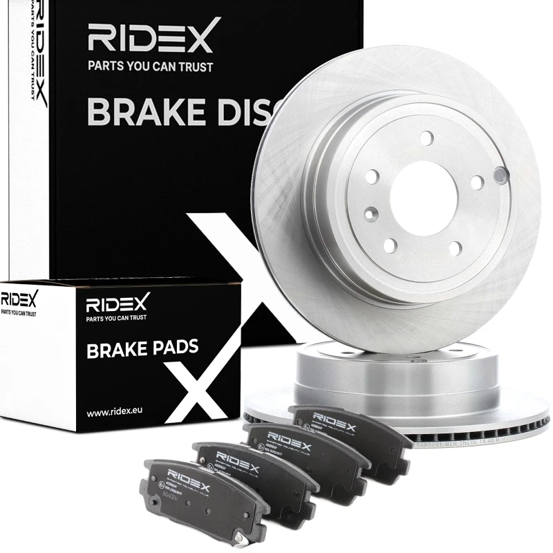 Image of RIDEX 3405B1022 Brake disc and pads set Rear Axle, Brake Disc Type: internally vented, with acoustic wear warning Brake Set,disc brakes (3405)