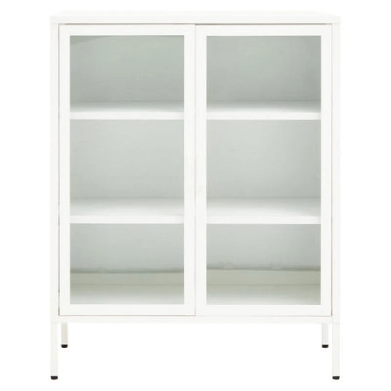 Image of Orsina Stylish Two Door White Metal Cabinet, Industrial Storage Cabinet For Bedroom, Contemporary Sideboard Cabinet