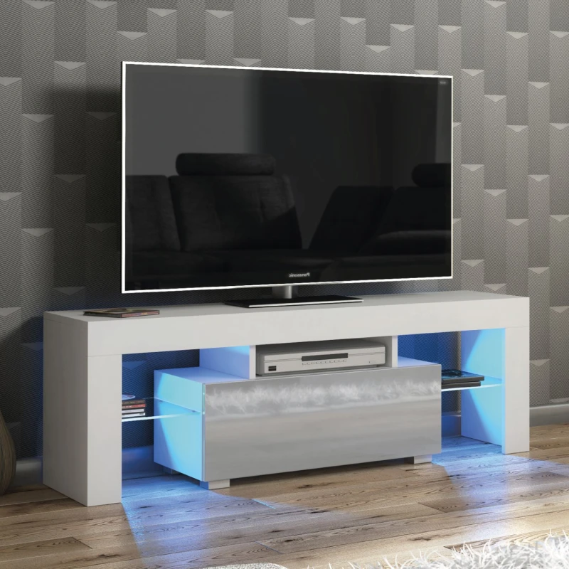 Image of Mex Furniture LTD TV Unit with LED Lighting & Gloss Doors / 130cm in Light Grey Light Grey Unisex