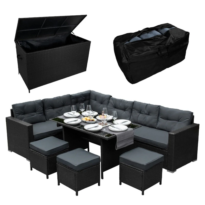 Image of Monster Shop Rattan Corner Set & Cushion Storage Box - Black 212736