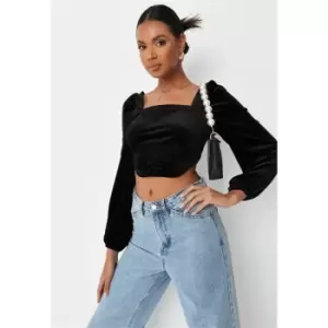 image of Missguided Cropped Velvet Top - Black