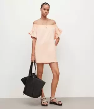 Image of AllSaints Womens Adela Off-Shoulder Mini Dress, Apricot Pink, Size: 16