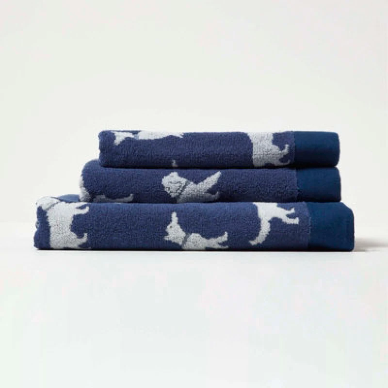 Image of Homescapes Navy Dog Pattern 100% Cotton Hand Towel