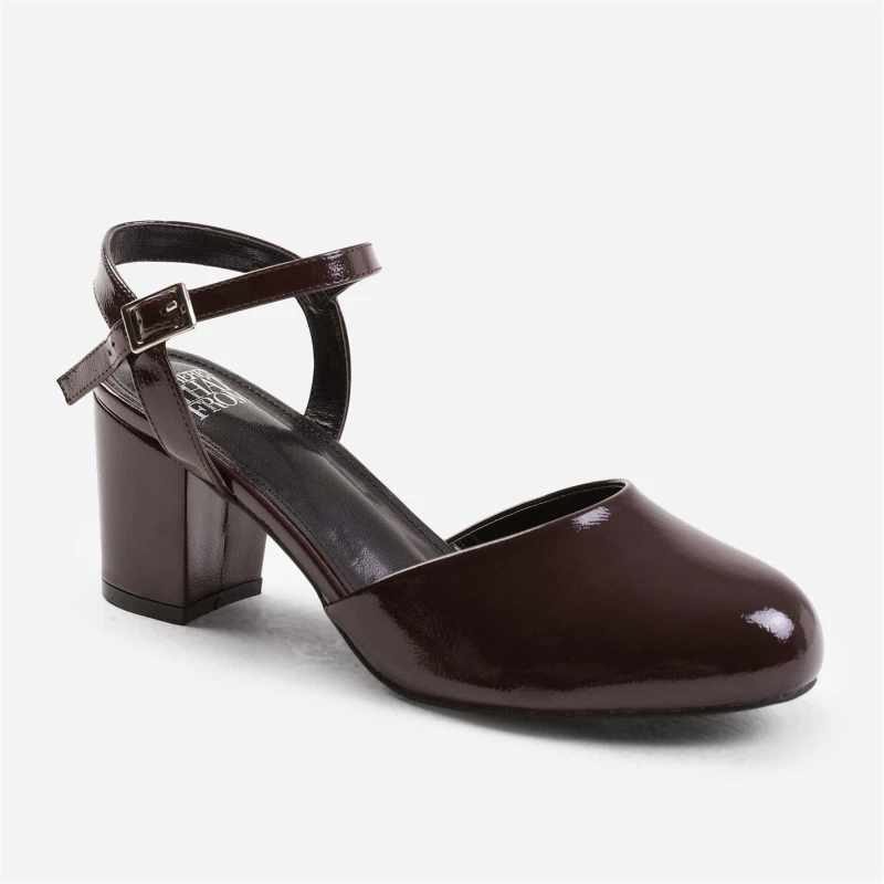 Image of Where's That From 'Xena' Round Toe Mid Block Heel With Strap Dark Red