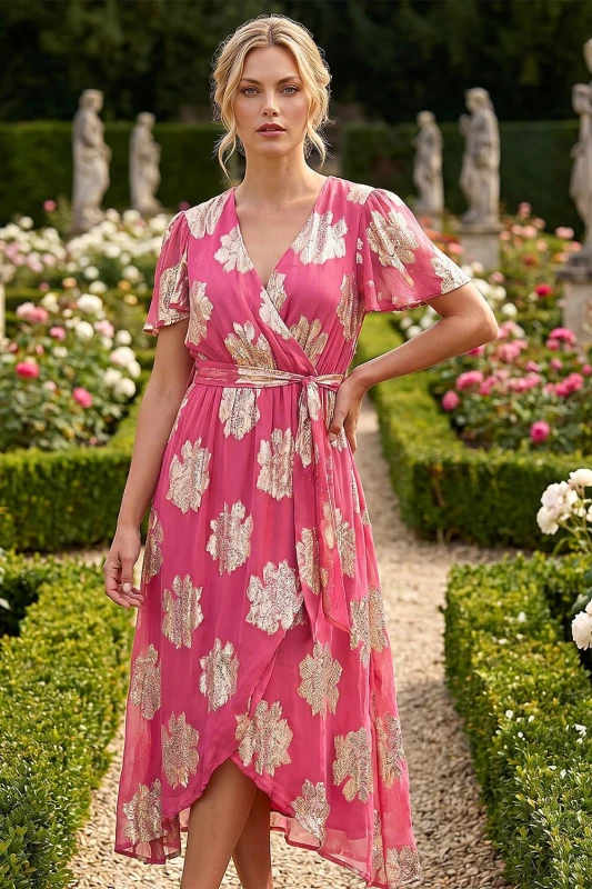 Image of Roman Womens Jacquard Midi Wrap Dress in Pink Size: 16 Pink Female 16