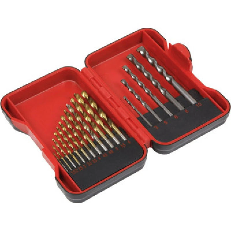 Image of Loops 17 Piece Drill Bit Set - 12 Titanium Coated HSS & 5 Tungsten Steel Masonry Bits Metallics